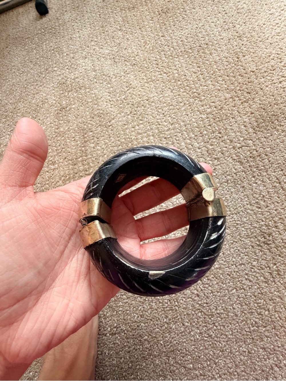 Vintage Heavy Carved Wood Hinged Bangle with Brass Accents made in India - Picture 12 of 12